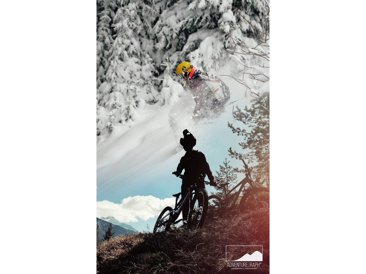 Collage of winter and summer outdoor skiing (freeride) and mountainbiking.